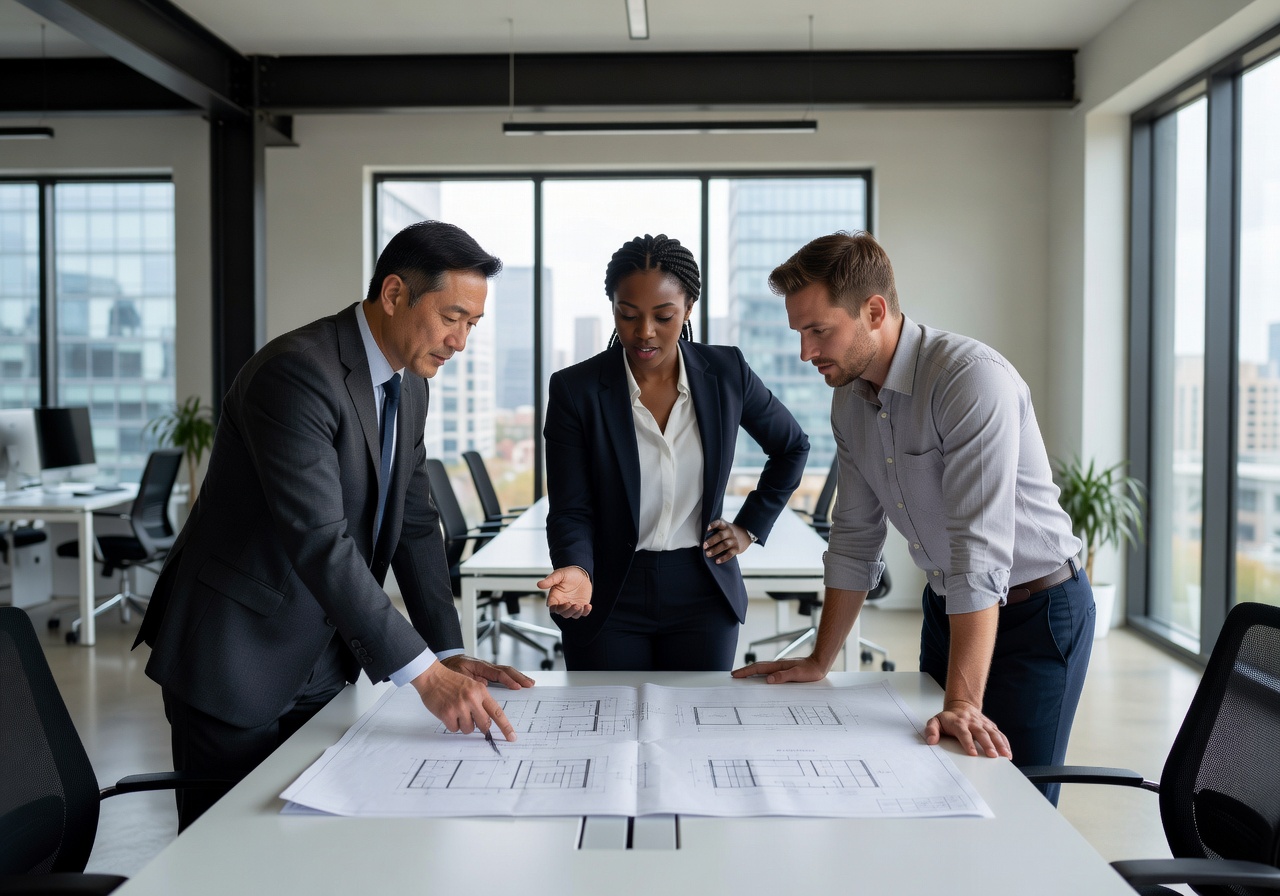 Architects discussing blueprints in a modern office