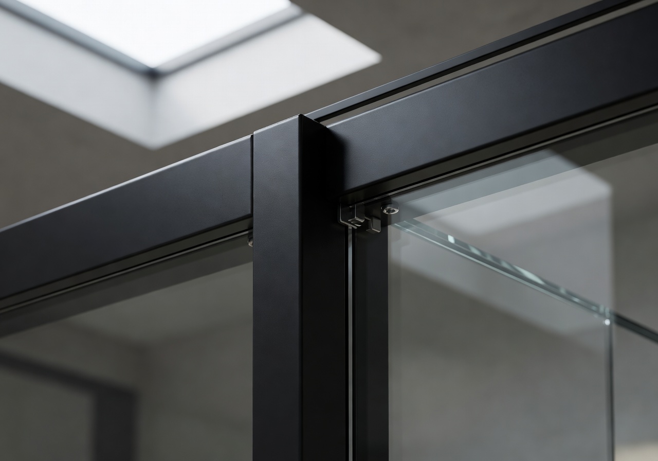 Close up of black steel frame and glass connection