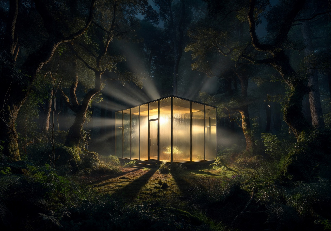 Glass pavilion glowing at night in the forest