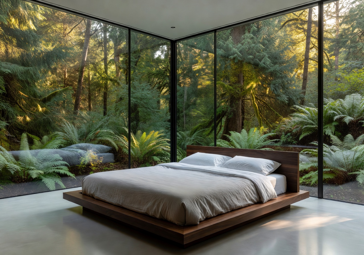Master bedroom surrounded by nature and glass