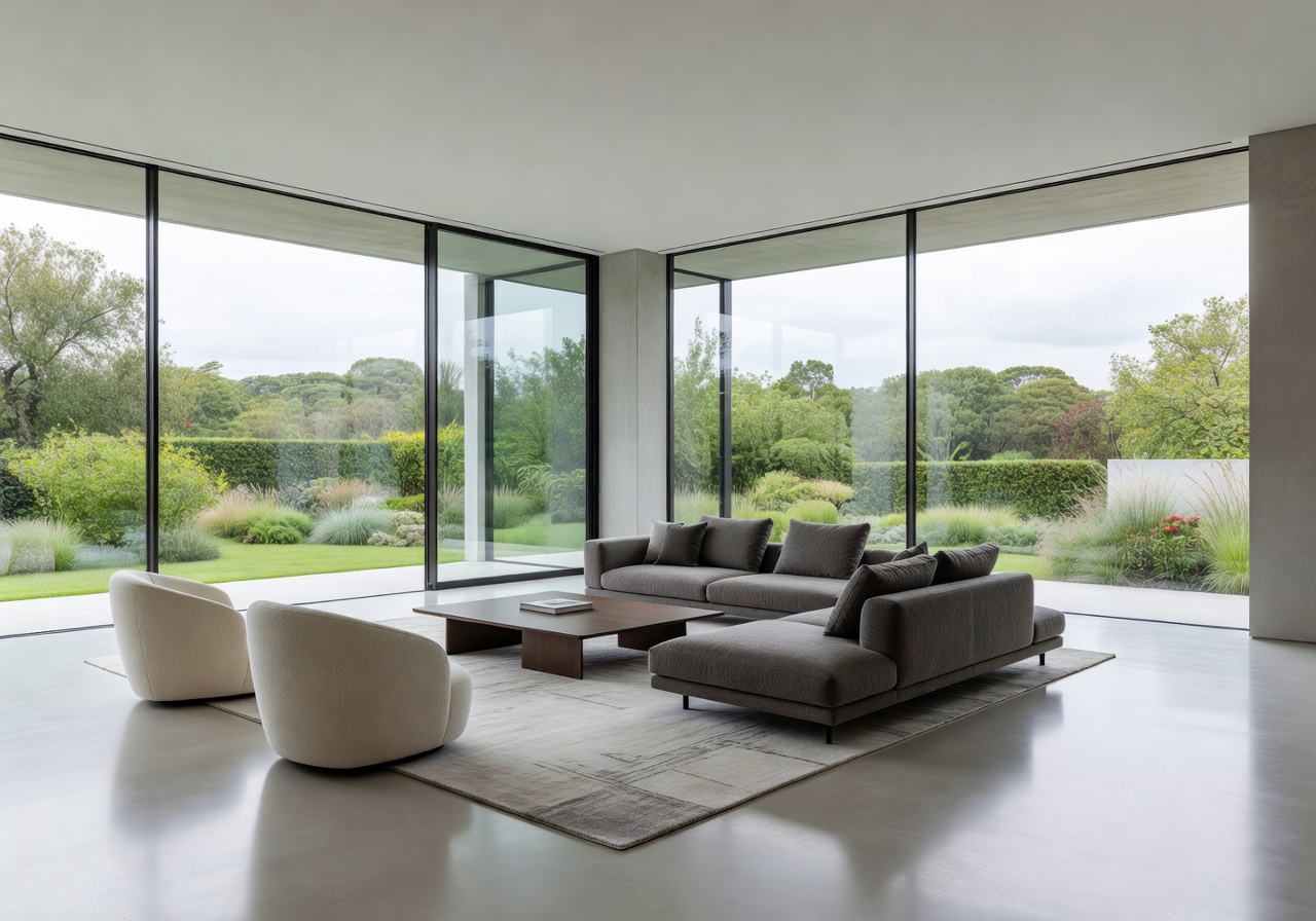 Modern open plan living room with glass walls